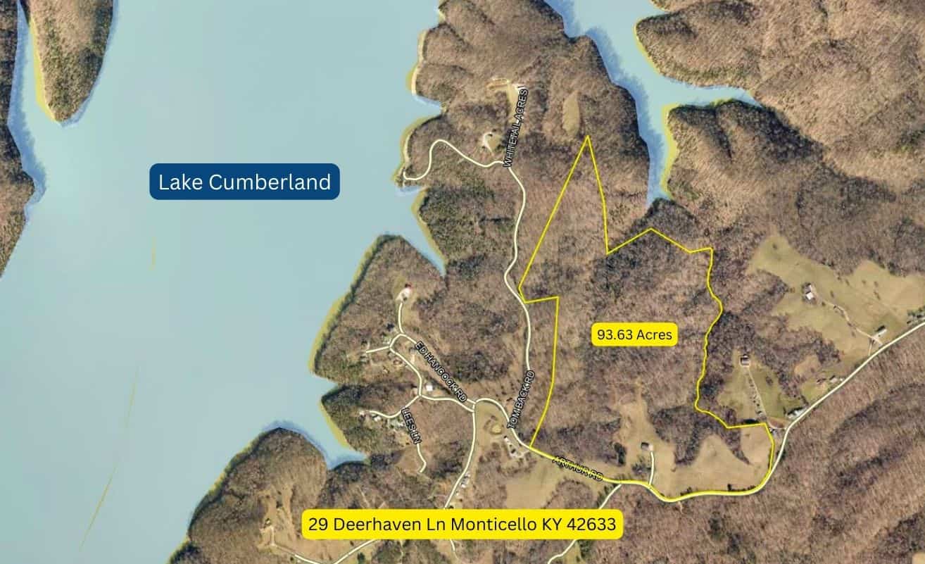 93 acre hunting property with home and large shop adjoining Lake Cumberland. Wayne County Kentucky. South Central Kentucky