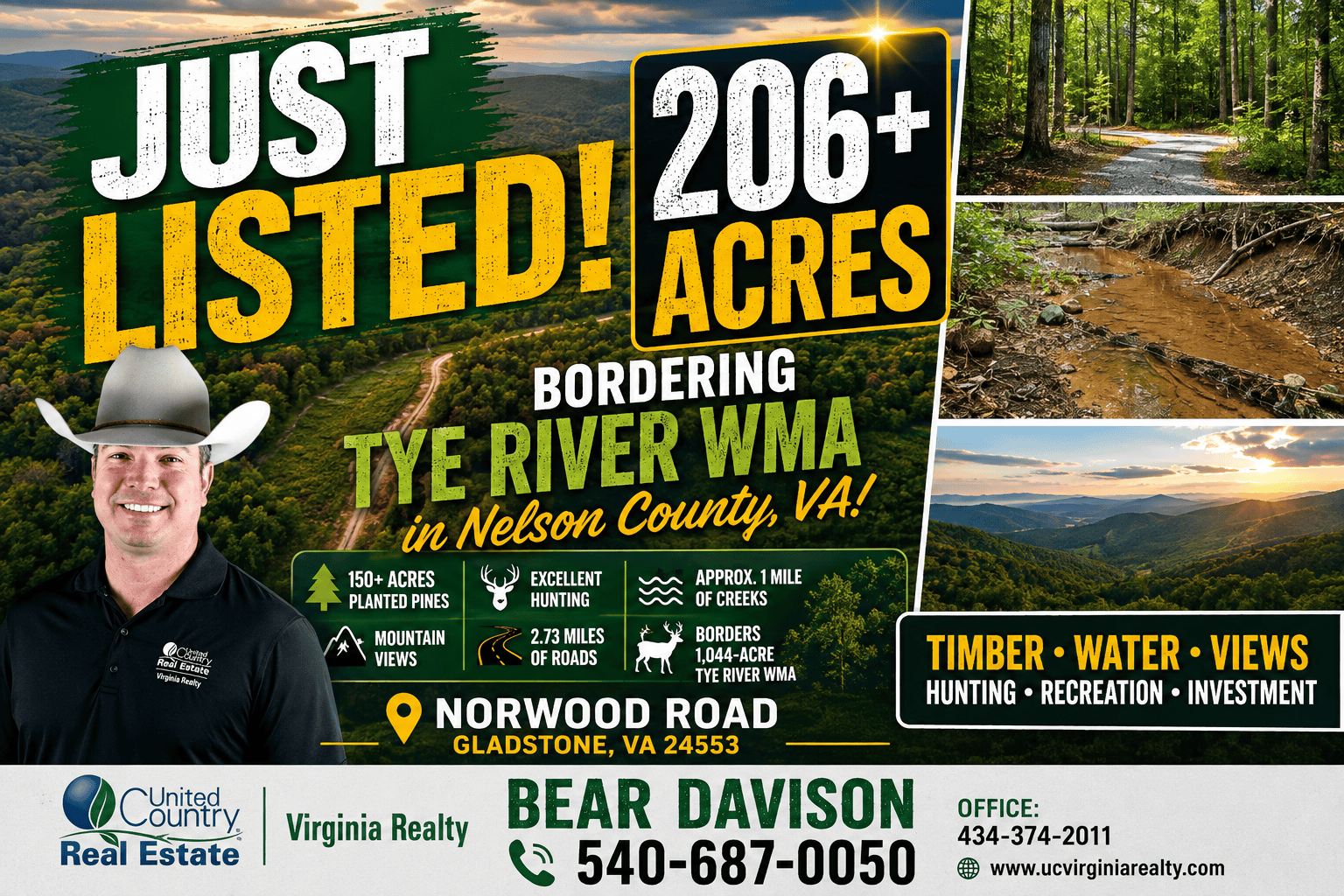 206+ Acres Bordering Tye River WMA – A Hunter’s Paradise