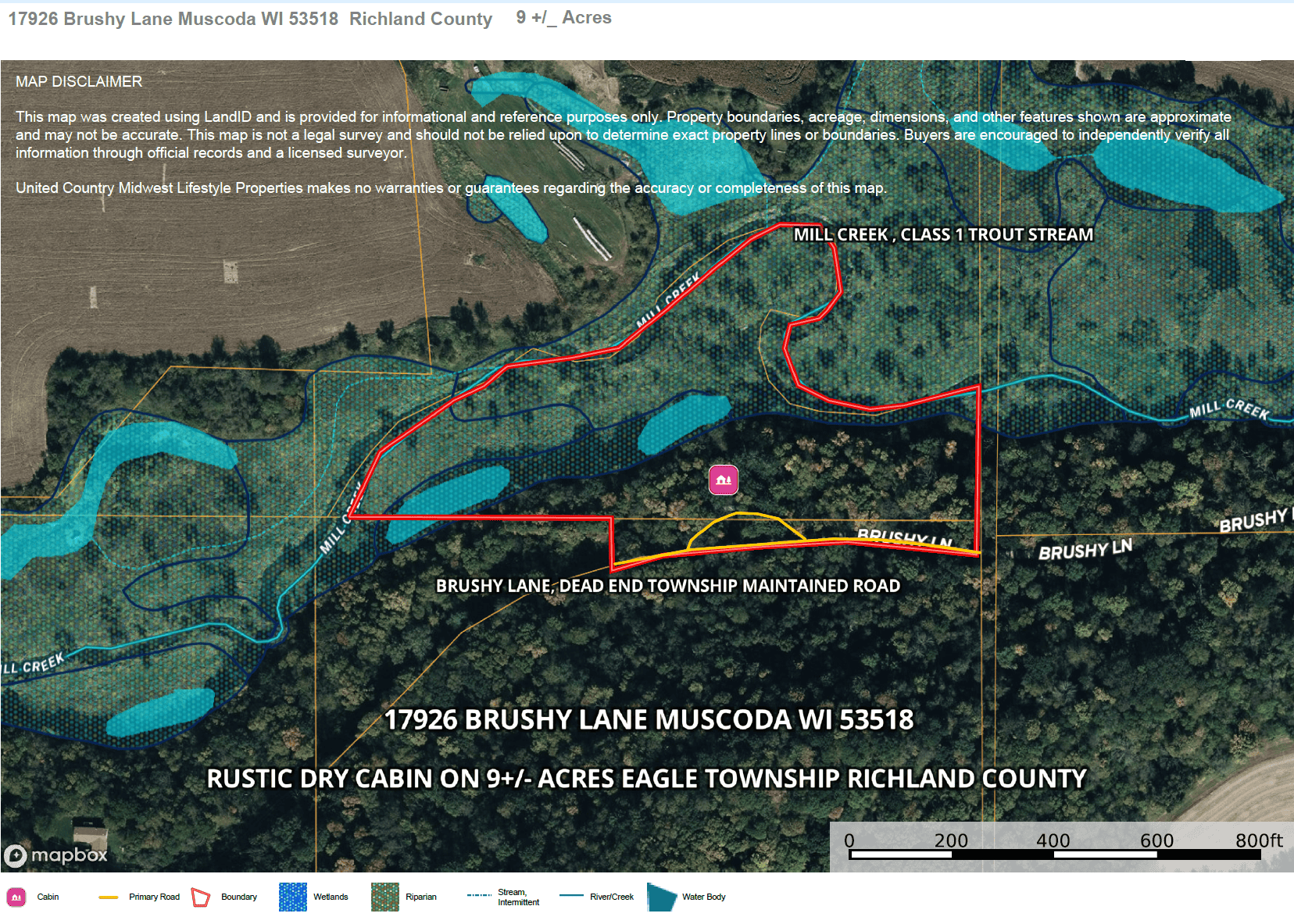 Driftless Area trout fishing and hunting retreat with a rustic log cabin, for sale Richland County WI